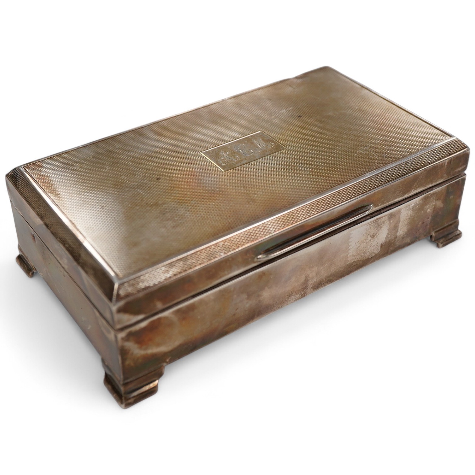 An Elizabeth II part engine turned silver rectangular cigarette case, by S.R. Rose & Son, London, 1955, with engraved initials, 15cm.